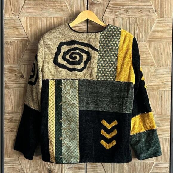 Indigo Moon Women's Outerwear Patchwork Jacket Green Yellow Black Size L - Picture 4 of 7